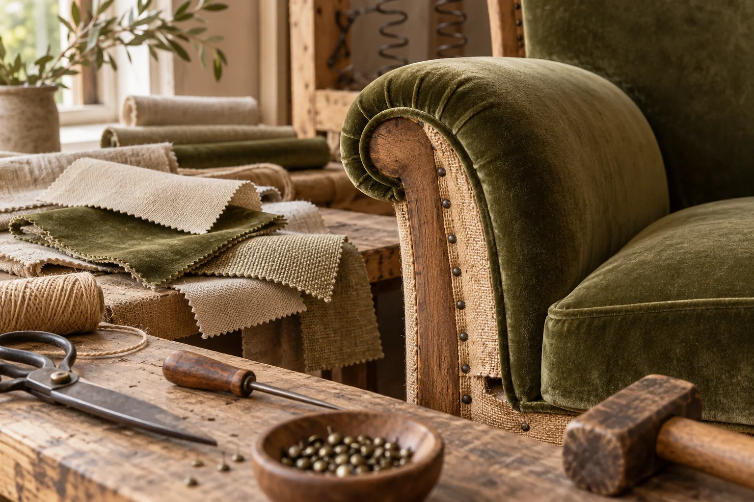 Illustratieve fluwelen stoelarm met stofstalen en stoffeergereedschap